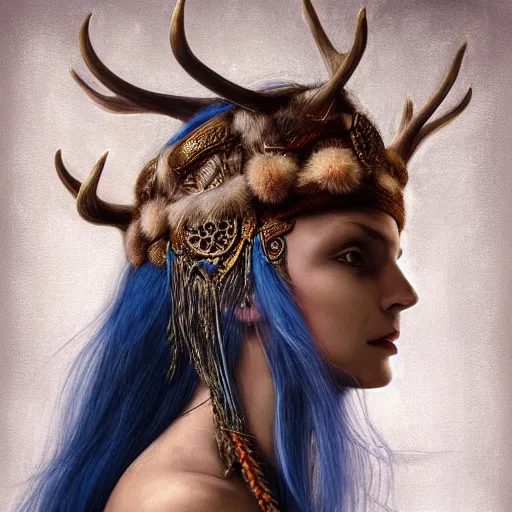 Image similar to a young female shaman, blue hair and antlers on her head. blindfolded, heilung, in the style of heather theurer, headshot photoshoot, insanely detailed and intricate, beautiful, elegant, cinematic toplight, portrait, headroom, artstation, karol bak, karol bak, karol bak