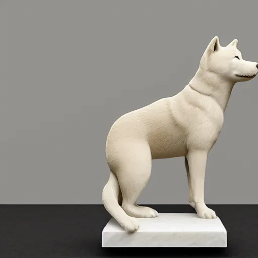 Prompt: studio photo of a marble sculpture, in the shape of a shiba inu. photorealistic, minimalist, ultra detailed.