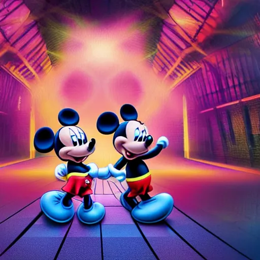 Prompt: minnie and mickey mouse raving in a warehouse highly detailed digital photograph