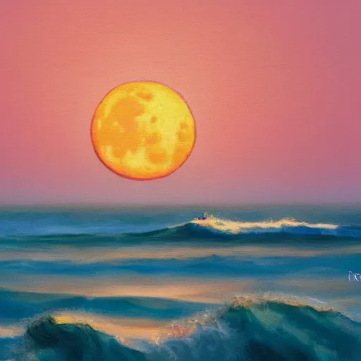 Image similar to painting of a moonrise over the atlantic ocean, kids surfing, boat in the distance, hazy islands can be seen in the distance, pink moon, faded orange sky, clouds, big waves, art by devin elle kurtz and james gurney, hd, high quality, 8 k, digital art, trending on artstation