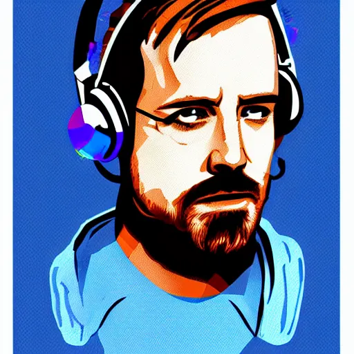 Image similar to a breaking-bad-Jesse-Pinkman, svg sticker, vector art, wearing headphones, jamming to music