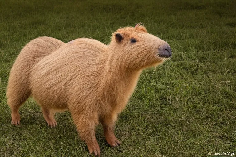 Image similar to a capybarar goldendoodle!!! hybrid! hyper realistic!! realistic lighting!! wildlife photographer of the year!!! bold natural colors, national geographic, hd, wide angle, 8 k