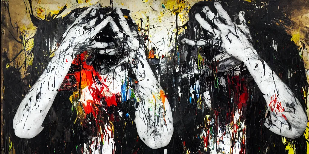 Prompt: single runner hiding his face with hands, fast, medium shot, melting, painted by Eugene Delacroix, Adrian Ghenie, 8k, Peter Doig, Antoni Tapies, textured oil paint, black melting paint drips all over