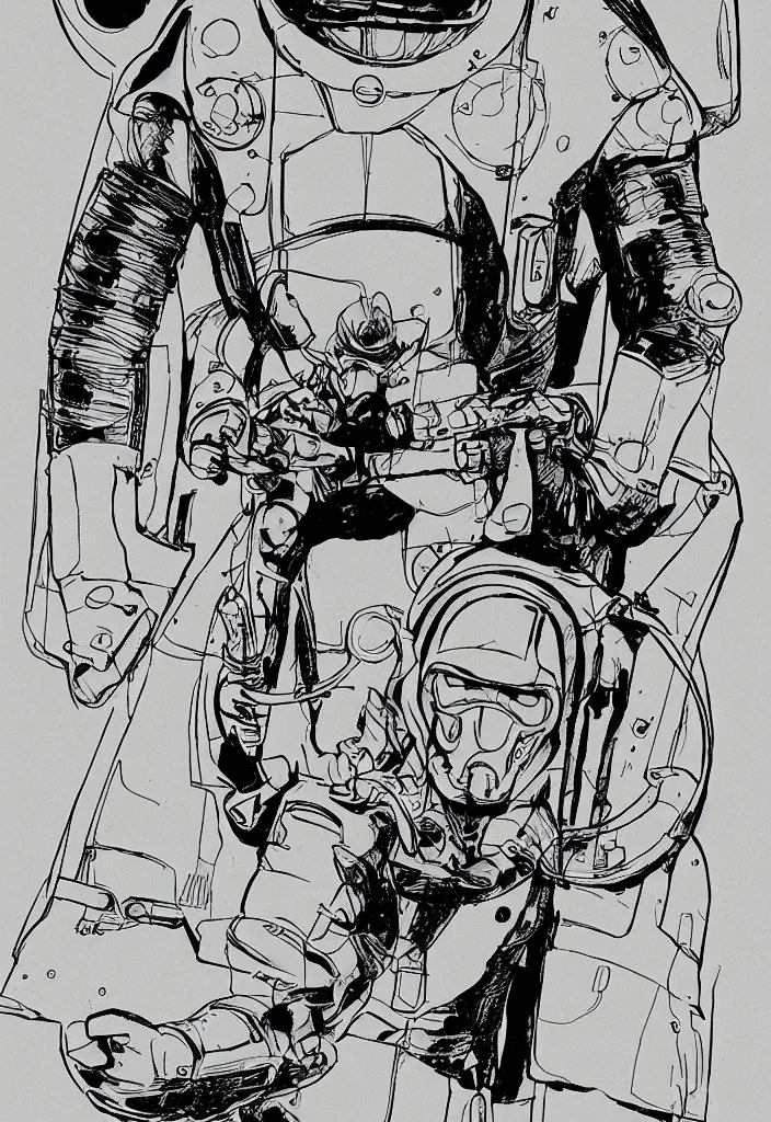 Image similar to male, heroic figure, space suit with a modern helmet, science fiction, sketch, character sheet, very stylized, upa style, digital art, illustration, pen and ink, digital painting, by mike mignola, by alex maleev