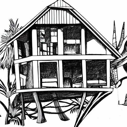 Image similar to imaginative drawing of a beach house, black ink outline, cel - shading