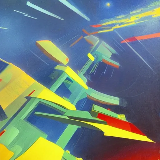 Prompt: a painting in the style of stanton macdonald - wright and in the style of chris foss.