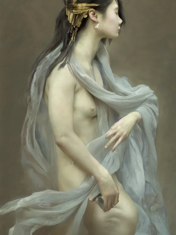 Prompt: loose painting of a sad, fragile, tattooed, cool, beautiful, veiled, asian girl covered in translucent flowing dress, endless flowing ethereal drapery, classical greece, alla prima, oil painting, by giovanni strazza, sargent and raffaelo monti, arranged in the golden ratio, powerful pose, epic composition, face fully visible, trending in artstation