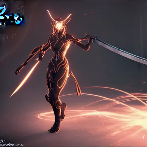 Image similar to photograph of (female) wisp!!!!!!!! warframe holding a katana!!!!!!!, 8k resolution, high detail, ULTRA REALISTIC VFX, reflections