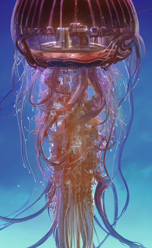 Image similar to Panorama hyper detailed painting of a cyberpunk jellyfish, blue tones, underwater, 8 mm, highly detailed, digital painting, artstation, concept art, smooth, sharp focus, illustration, art by artgerm and greg rutkowski and alphonse mucha