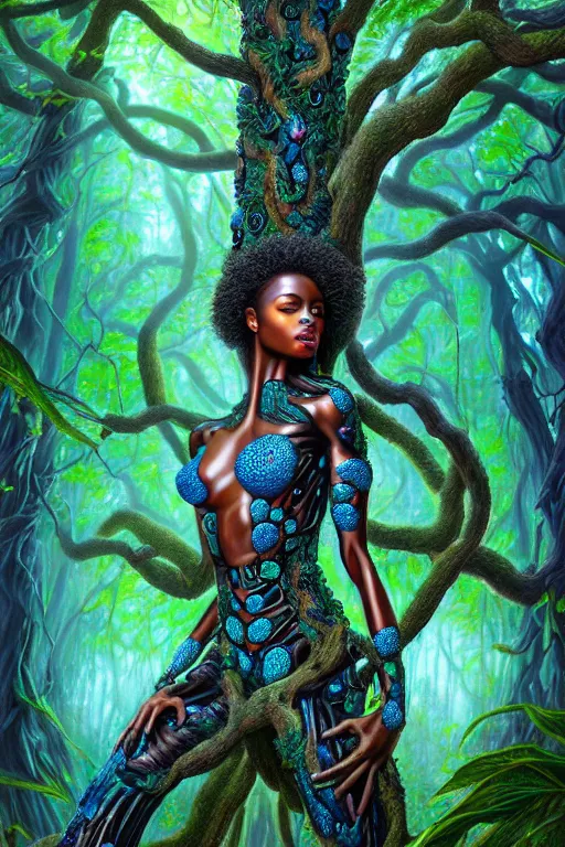 Image similar to hyperrealistic post - lowbrow super gorgeous! black woman with exoskeleton armor, merging with tree in a forest, highly detailed digital art masterpiece smooth cam de leon hannah yata dramatic pearlescent blue teal light ground angle hd 8 k sharp focus