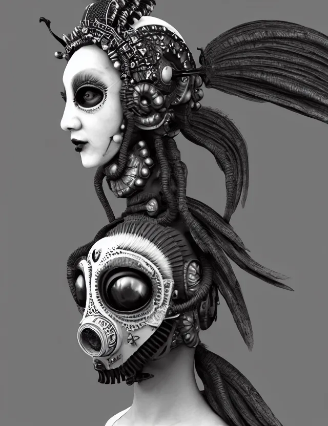 Image similar to 3 d goddess close - up profile punk portrait with vintage gas mask ram skull. beautiful intricately detailed japanese crow kitsune mask and clasical japanese kimono. betta fish, jellyfish phoenix, bio luminescent, plasma, ice, water, wind, creature, artwork by tooth wu and wlop and beeple and greg rutkowski