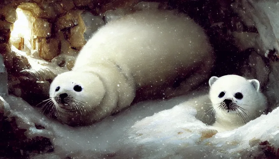 Image similar to highly detailed painting of cute furry white baby seals cuddled up inside snowy fantasy ice crystal cavern by william turner, by greg rutkowski, by william constable, thick brush strokes and visible paint layers, 4 k resolution