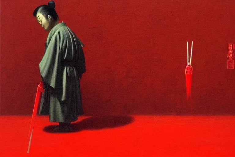 Image similar to only with red, a red samurai do seppuku, tokio, a lot of frogs watch, in the style of beksinski, parts by edward hopper, parts by rodcenko, parts by yue minjun, intricate and epic composition, red by caravaggio, insanely quality, highly detailed, masterpiece, red light, artstation, 4 k