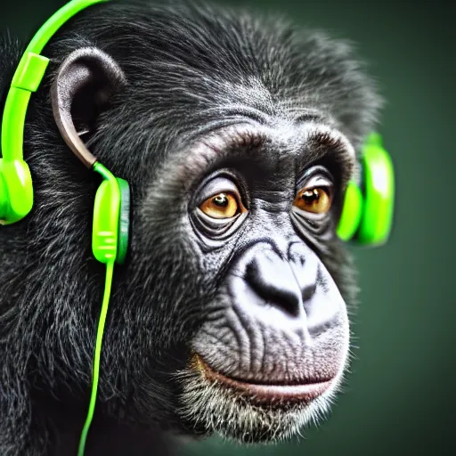 Image similar to a high quality photo of a green chimp wearing headphones, realism, 8k