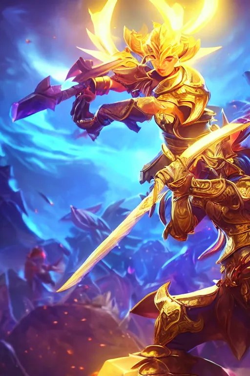 Image similar to a magical golden weapon, d & d, league of legends, concept art, blue background, dramatic lighting. realistic, epic legends, game icon, global illumination, ian pesty