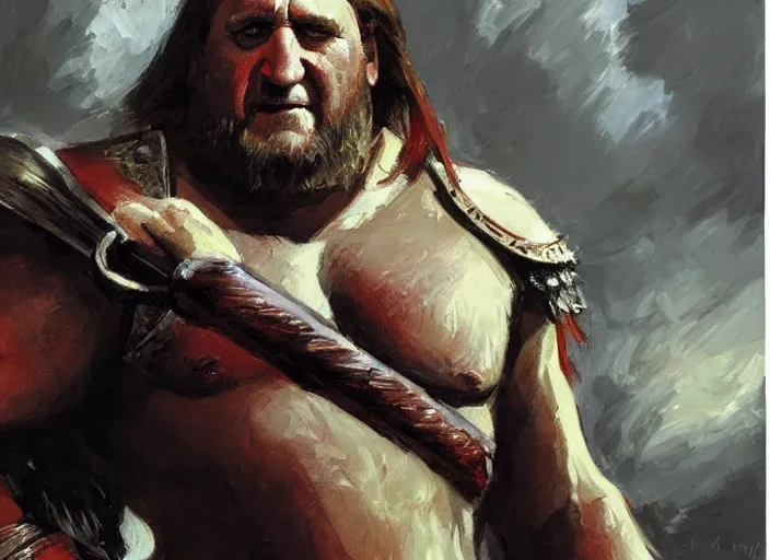 Prompt: a highly detailed beautiful portrait of gerard depardieu as kratos, by gregory manchess, james gurney, james jean