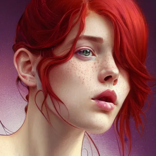 Image similar to close up portrait of a beautiful girl with red hair and freckles, happy intricate, elegant. highly detailed, digital painting, artstation, concept art, smooth, sharp, focus, illustration. background is purple, art by artgerm and greg rutkowski and alphonse mucha,