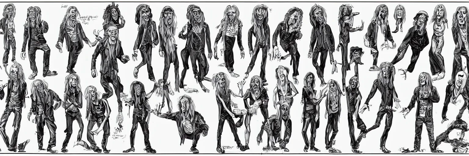 Image similar to character study of daevid allen and iggy pop, clear faces, wild, crazy, character sheet, fine details, concept design, contrast, kim jung gi, pixar and da vinci, trending on artstation, 8 k, full body and head, turnaround, front view, back view, ultra wide angle