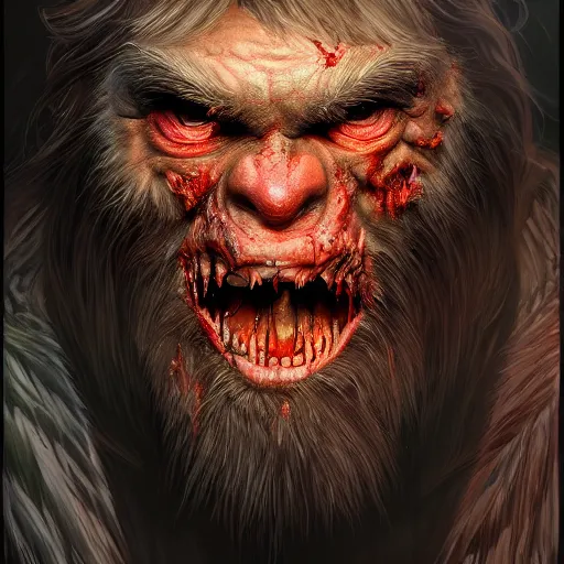 Image similar to by Derek Riggs, angry, glossy, hyperrealistic digital portrait of A zombie bigfoot, D&D, fantasy, intricate, cinematic lighting, highly detailed, digital painting, artstation, concept art, smooth, sharp focus, 8k, illustration, art by Artgerm and Greg Rutkowski