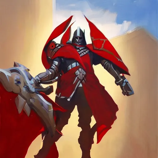 Image similar to greg manchess portrait painting of armored lord momon with red cloak as overwatch character, medium shot, asymmetrical, profile picture, organic painting, sunny day, matte painting, bold shapes, hard edges, street art, trending on artstation, by huang guangjian and gil elvgren and sachin teng