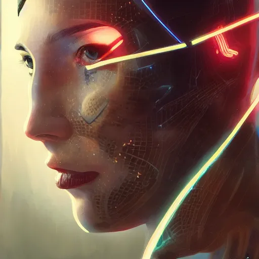 Image similar to cyborg holographic, translucent, detailed portrait, intricate complexity, by greg rutkowski, artgerm, ross tran, conrad roset, takato yomamoto, ilya kuvshinov. 4 k, beautiful, cinematic dramatic atmosphere