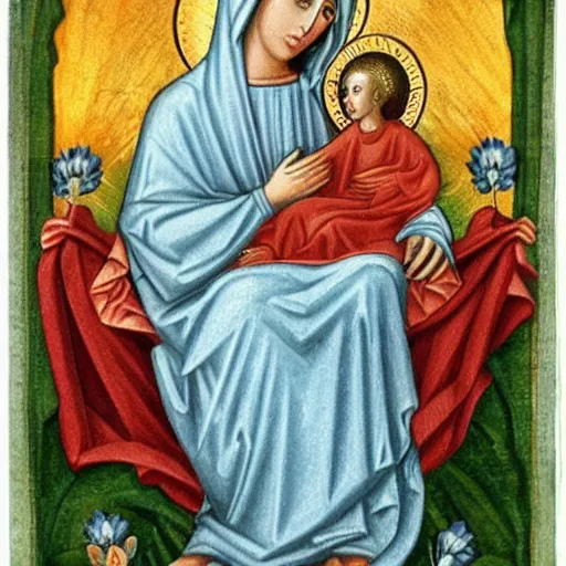 Prompt: the virgin mary looking fine af with a super swole baby jesus