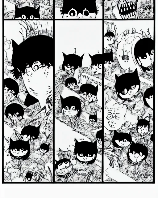 Prompt: three panels from junji ito's 'there are a lot of black cats here', full width, action shot, first person, manga