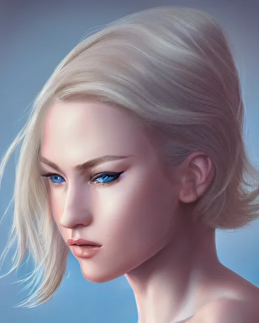 Image similar to closeup of beautiful blonde female with blue eyes, award winning portrait photography, extremely detailed, artstation, 8 k, sensual lighting, incredible art, wlop, artgerm, backlit, rim lighting, hi - fructose, cellshading, intricate lineart