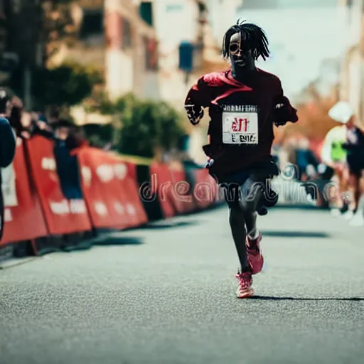 Image similar to portrait of midget down syndrome playboi carti running in a marathon, sharp focus, 4 k editorial photograph, soft lighting, depth of field