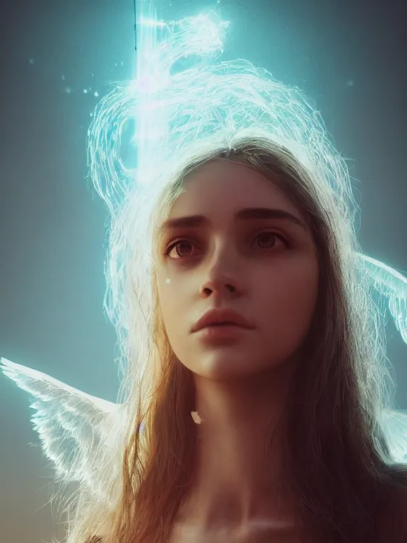 Image similar to portrait art of female angel by alessio albi 8 k ultra realistic, lens flare, atmosphere, glow, detailed, intricate, full of colour, cinematic lighting, trending on artstation, 4 k, hyperrealistic, focused, extreme details, unreal engine 5, cinematic, masterpiece