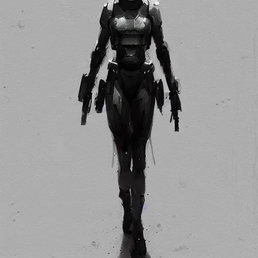 Image similar to concept art by greg rutkowski, a very tall, slender redhead girl wearing futuristic white and black tactical gear, brutalist futuristic interior, dim lighting, detailed portraits, nostalgic atmosphere, scifi, digital painting, artstation, concept art, smooth, sharp foccus ilustration, artstation hq