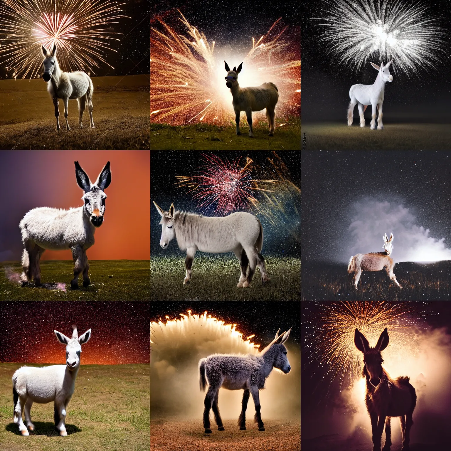 Prompt: exploding fireworks in the night sky raining down embers and sparks and brightly burning pieces falling from the sky, a pale donkey stands in a field in the darkness. color photography. Flash photo. Cursed image.