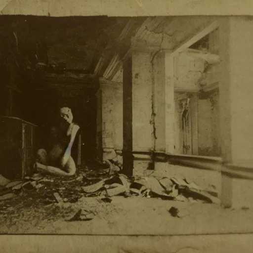 Image similar to 1830 photo of an ancient demon-girl devouring his own soul on an abandoned hospital, spooky