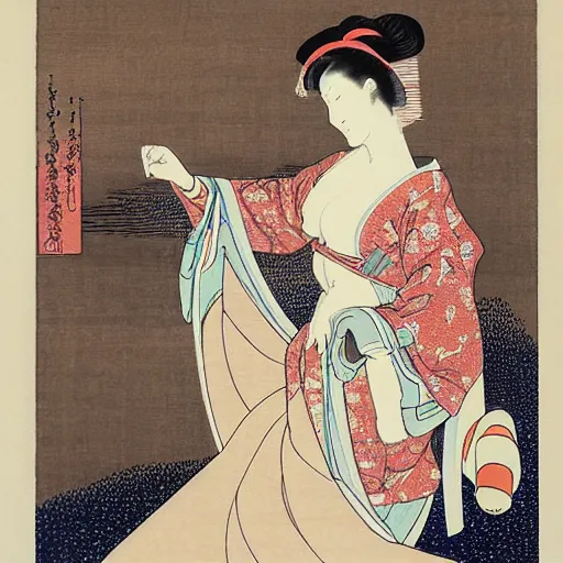 Image similar to Kaitlyn Michelle Siragusa, better known as Amouranth, full body portrait, by Katsushika Hokusai, by Haruyo Morita, by Ohara Koson
