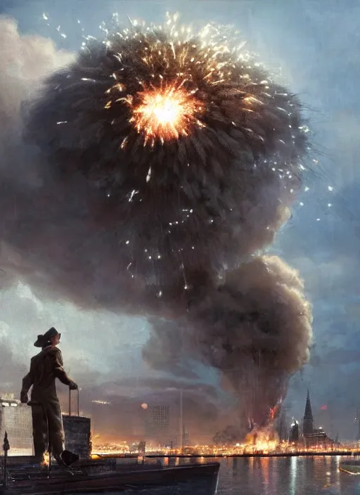 Image similar to hyper realistic giant fluffy siamese cat attacking moscow city harbor explosions, atomic bombs, atmospheric beautiful details, strong composition painted by kim jung giu weta studio rutkowski, james gurney and greg rutkowski, and lucasfilm