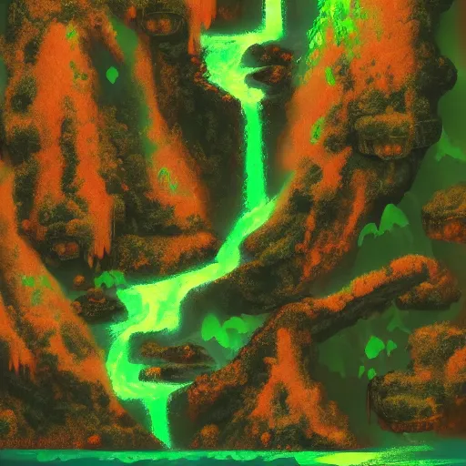 Prompt: green lava waterfall, Trending on Artstation, Hiroaki Tsutsumi style