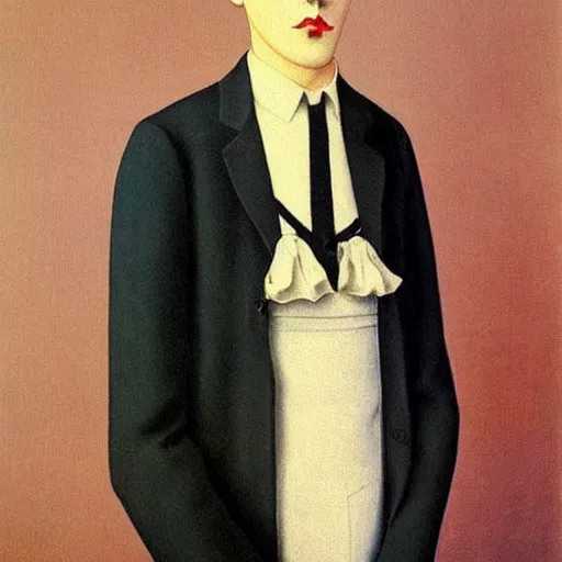 Image similar to full body painting of grumpy handsome thin beautiful man in his 2 0 s named min - jun in a french female maid outfit, modern clothing, elegant, clear, painting, stylized, delicate facial features, stylized thin lines, soft but grumpy, highly detailed, art, art by egon alphonse magritte