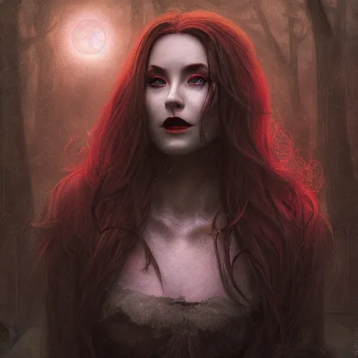 Image similar to Riveting Charismatic female vampire Pandora, portrait, atmospheric lighting, painted, intricate, Highgate cemetery, volumetric lighting, beautiful, moon light, sharp focus, ultra detailed, by Leesha Hannigan, Ross Tran, Thierry Doizon, Kai Carpenter, Ignacio Fernández Ríos