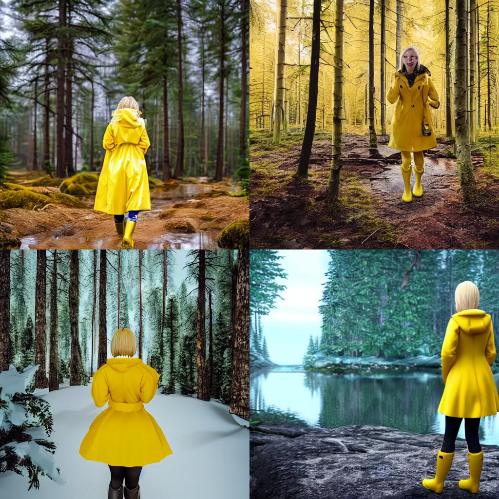 Prompt: Beautiful blonde woman dressed in yellow raincoat and yellow rubber boots look into the camera, walks near the forest lake Finland, Disney style, unreal engine,