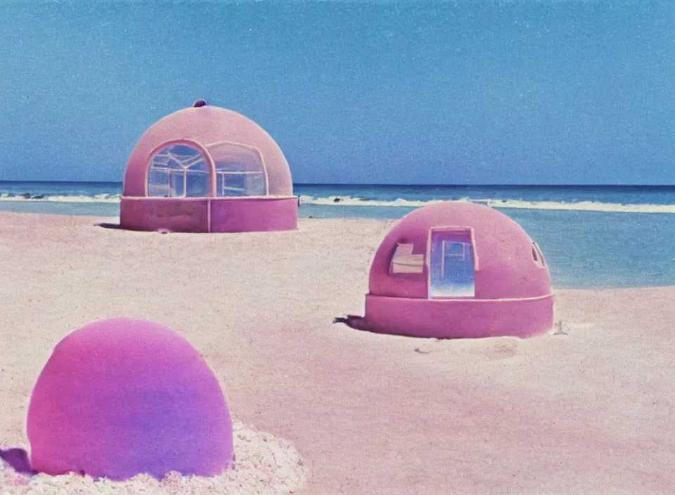 Prompt: a pastel coloured vintage family holiday photo of an empty beach from an alien dreamstate world with chalky pink iridescent!! sand, reflective lavender ocean water, dim bioluminescent plant life and an igloo shaped shiny plastic transparent restaurant opposite a kiosk with an iridescent blue flame flickering. glare. refraction, volumetric light.