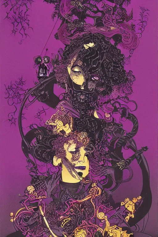 Prompt: dark magenta and purple ink with intricate designs, tarot card, a halloween scarecrow, full of golden layers, black cats, cobwebs, spiders, swirles, curves, wave, by louise nevelson and hokusai and jean giraud and mike mignola and john howe, trending on artstation, elaborate illustration, incredible depth