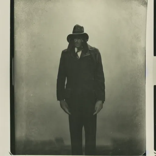 Image similar to Wet plate image of a mythic man, age 34, Standing outside 30 Rockefeller Center, He has large black wings, Dark photo, Slightly blurred,