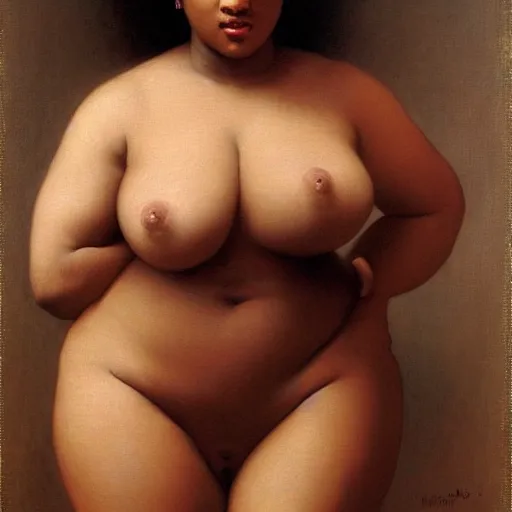 Prompt: rendition of a beautiful large breasted woman, vanessa blue, by William-Adolphe Bouguereau, orientalist painting, trending on bbwchan! African darkskinned ebony, oil on canvas, lingerie!!