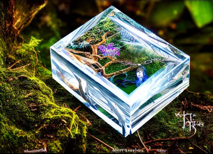 Image similar to photo of a crystal box with wonders inside in the forest. Fantasy horror style. Highly detailed 8k. Intricate. Nikon d850 55mm. Award winning photography.