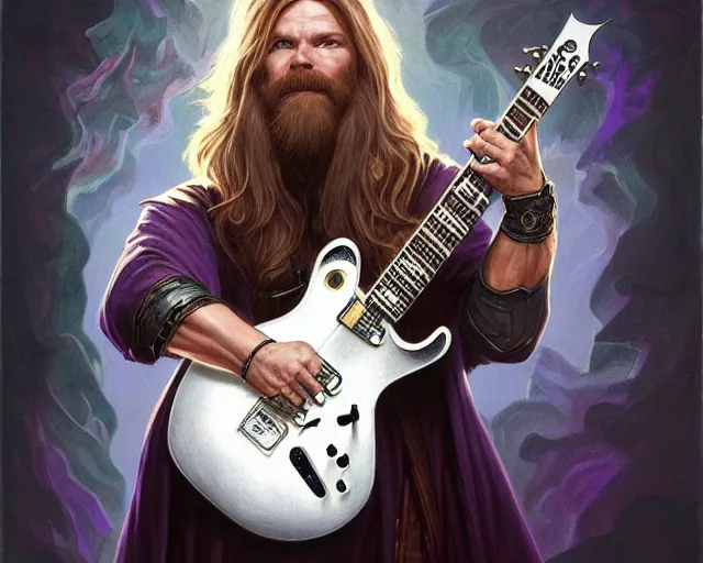 Image similar to smooth mcgroove in arcane tv series, holding a white randy rhoads guitar rr 1, deep focus, d & d, fantasy, intricate, elegant, highly detailed, digital painting, artstation, concept art, matte, sharp focus, illustration, hearthstone, art by artgerm and greg rutkowski and alphonse mucha