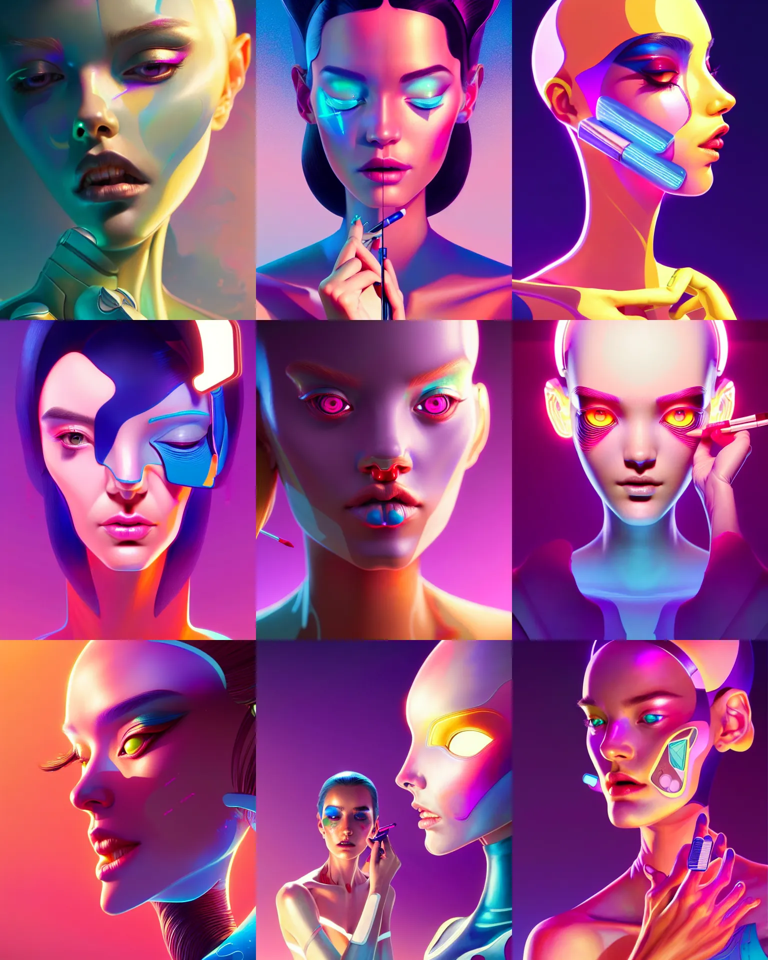 Prompt: ultra detailed, beautiful female android applying makeup. global illumination, vector art, matte painting, concept art. by james jean and moebius and artgerm and liam brazier and victo ngai and tristan eaton.