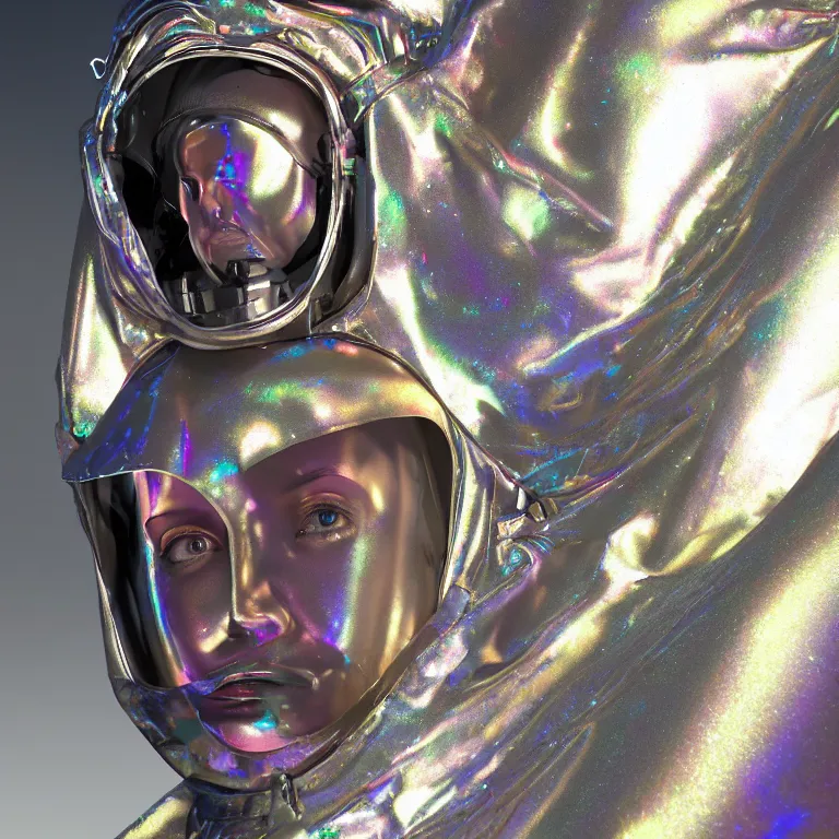 Prompt: octane render portrait by wayne barlow and carlo crivelli and glenn fabry, subject is a woman covered colorful skintight aluminum foil space suit with a iridescent metallic space helmet, inside a dark and moody cinema with projected light, cinema 4 d, ray traced lighting, very short depth of field, bokeh