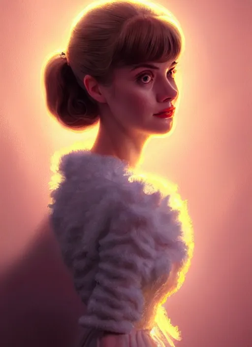 Image similar to portrait of betty cooper with fluffy bangs, bangs, 1 9 6 0 s, ponytail, curly bangs and ponytail, rounder face, intricate, elegant, glowing lights, highly detailed, digital painting, artstation, concept art, smooth, sharp focus, illustration, art by wlop, mars ravelo and greg rutkowski