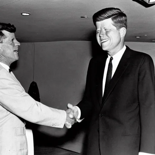 Prompt: a black and white photo of president kennedy shaking hands with a 1 9 5 0 s space alien