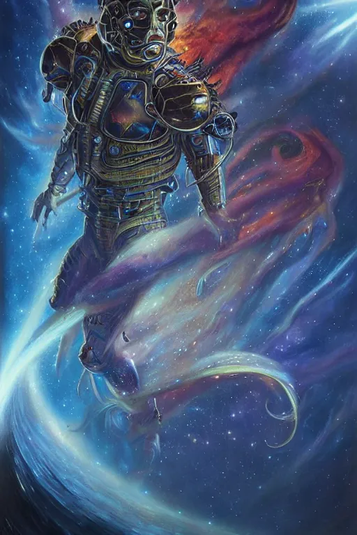 Prompt: beautiful oil painting with high detail of a interstellar demon made of stars and plasma, hybrid from dungeons and dragons and art direction by James Cameron ;by artgerm; wayne reynolds art station; Drew Struzan movie poster. cinematic quality character render; low angle; ultra high quality model; production quality cinema model;